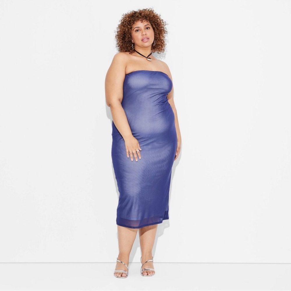 NWT Women's Tube Mesh Midi Bodycon Dress - Wild Fable Navy Blue 1X